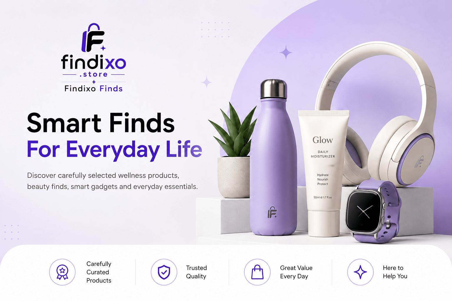 Findixo Finds homepage banner featuring wellness products, supplements, beauty items, digital products and smart gadgets for everyday life.